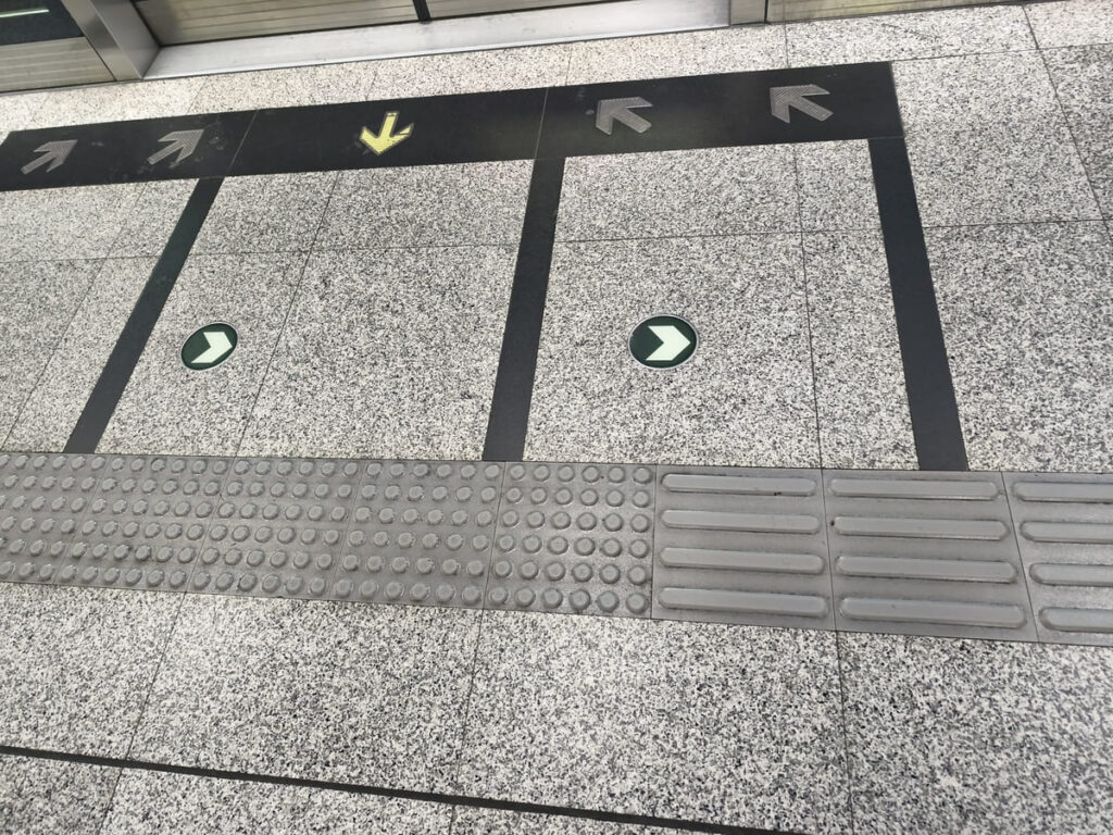 Marks on floor to indicate where to wait for subway