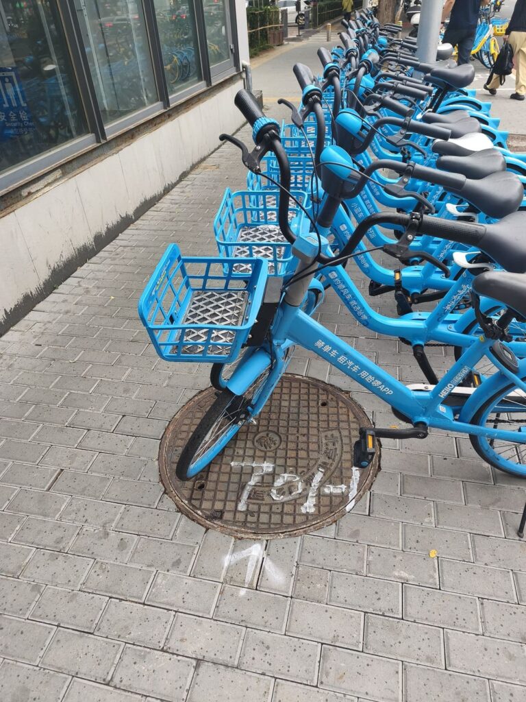 Row of blue rental bikes in Beijing