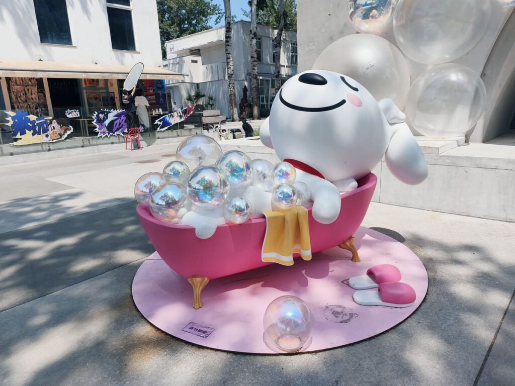 Dog Statue in bubble bath