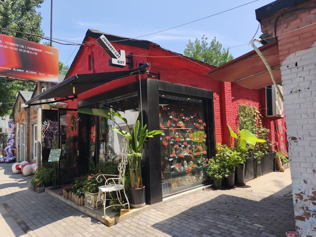 Small red store buildings