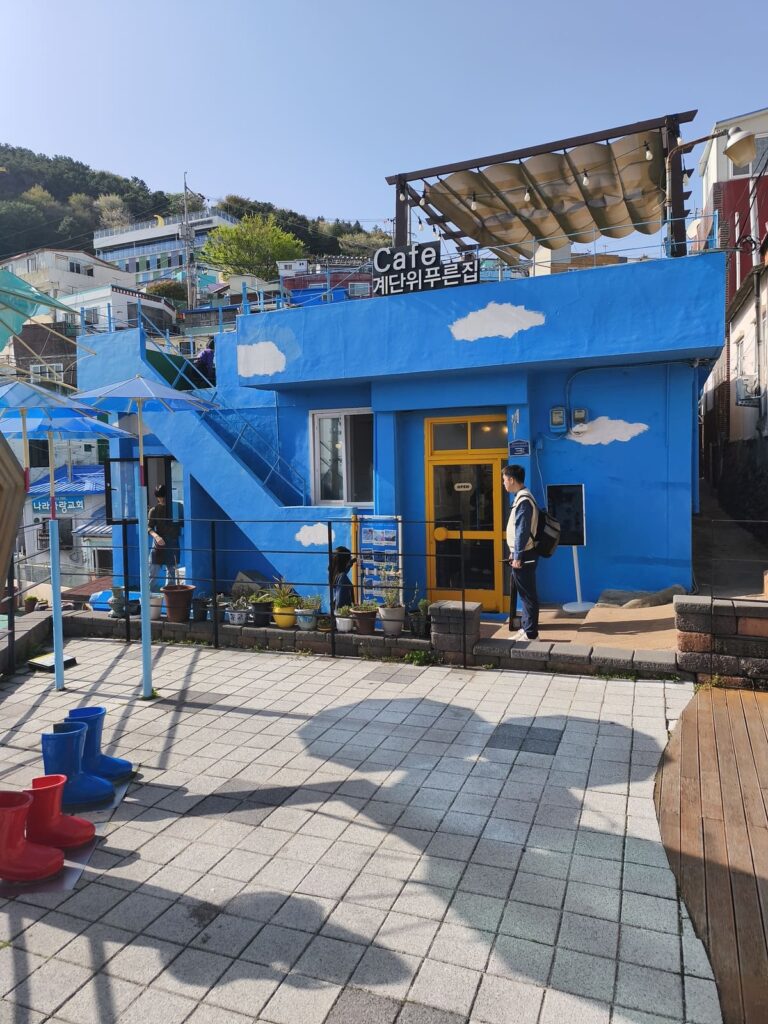 Bright blue cafe with clouds